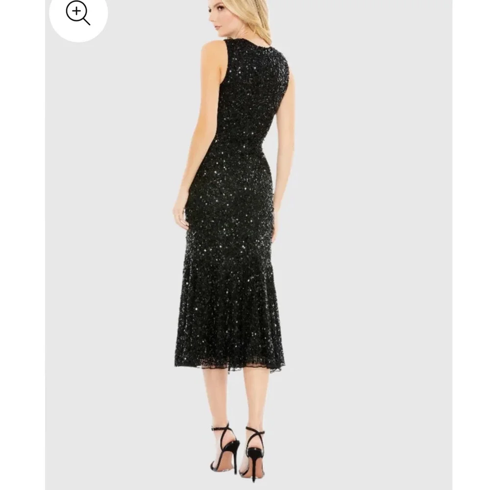 NEW Mac‎ Duggal 5597 Sz 16 Black Sequin Sleeveless Midi Flair Hem Dress